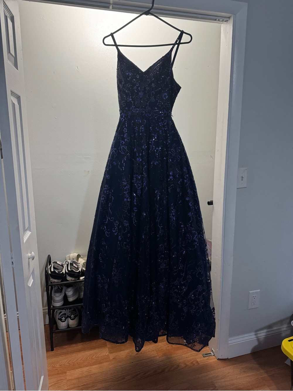 Elegant Navy Sequin Formal Quinceañera Gown with Spaghetti Straps